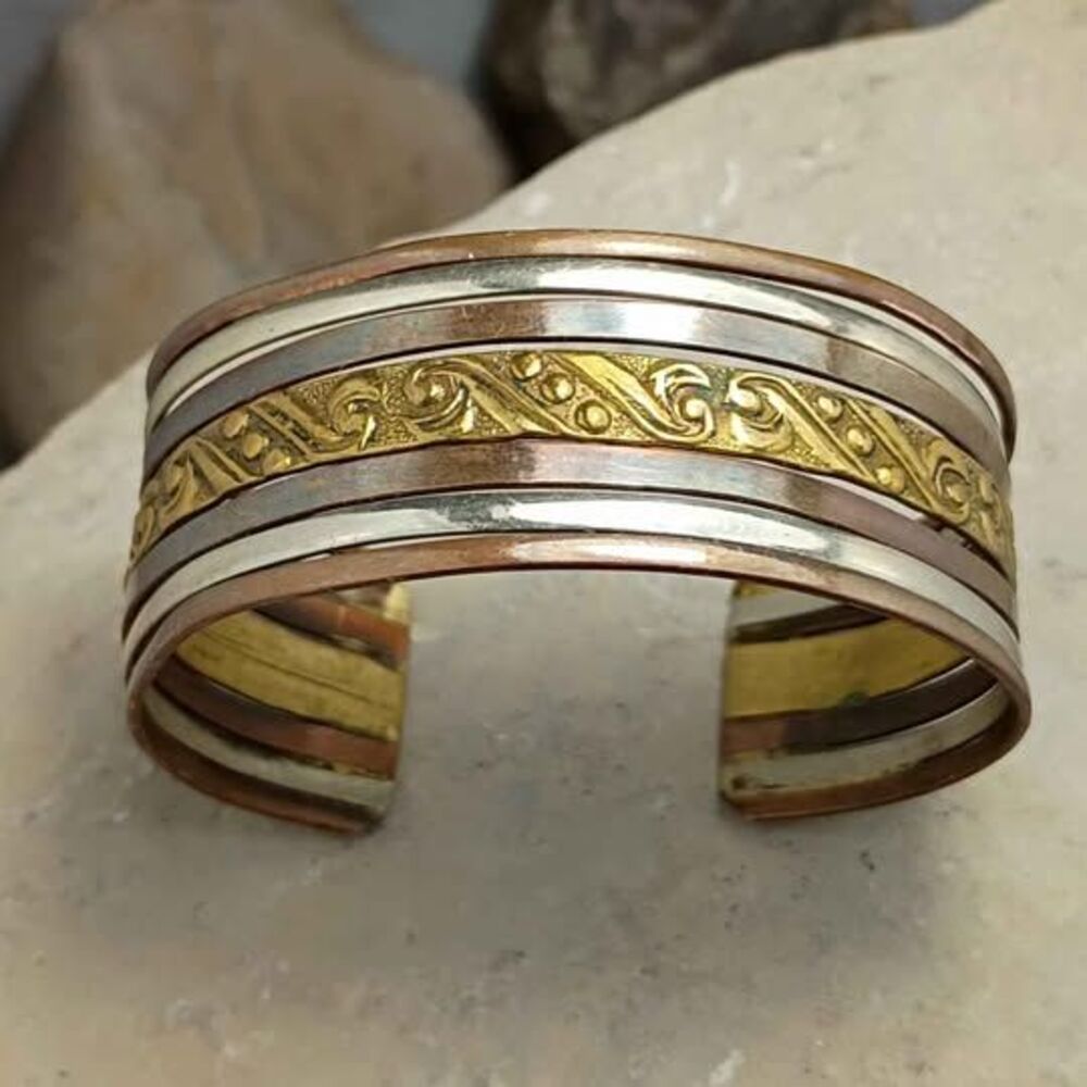 Vintage Tri Tone Mixed Metal Embossed Cuff Bracelet Artisan